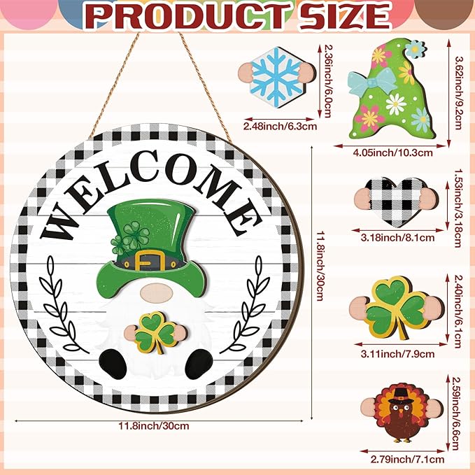 Qunclay Interchangeable Wooden Gnome Decor Holiday Seasonal Gnome Decorations with Magnet Pieces and Detachable Hats Changeable Welcome Sign for Home(Black and White Checkered Style)
