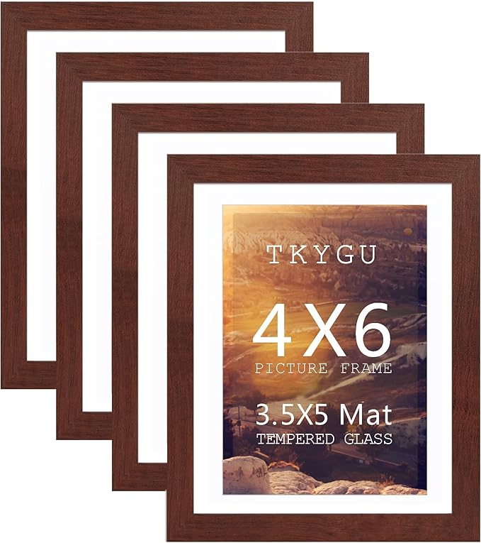 4x6 Picture frame with mat 3.5x5 Wine red frame Set of 4, Modern Style Wood Composite frames Tempered glass Table or wall -horizontal or vertical display picture frame for home decor best gift