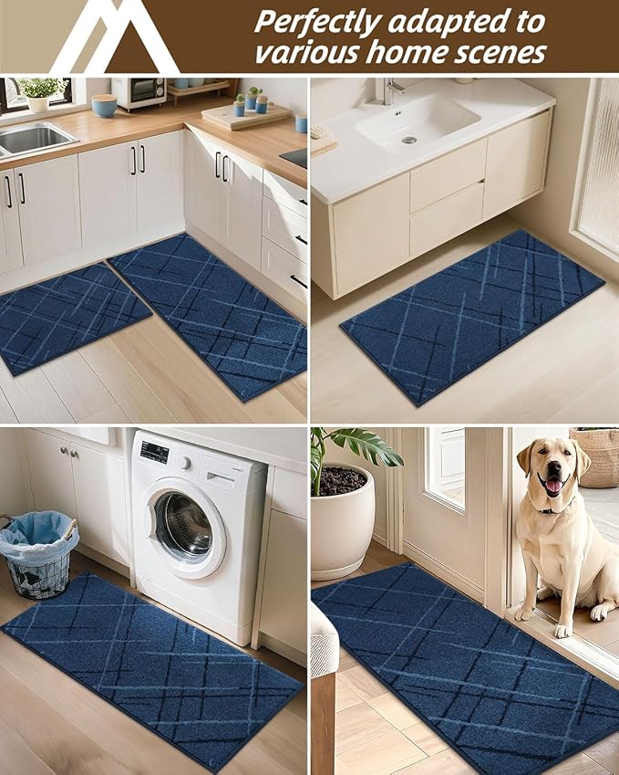 COSY HOMEER Kitchen Mats, 2 PCS Kitchen Rug Non Slip Washable, Absorbent Runner Rugs for Kitchen Floor, Polyester Kitchen Sink Rug 20"x32" + 20"x48"(Blue)