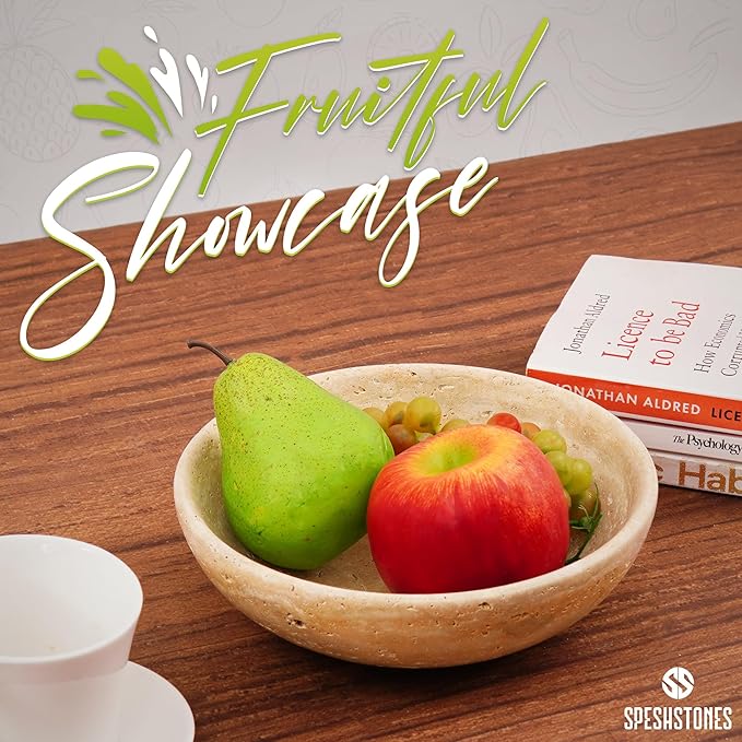 Marble Fruit Bowl 8 Inch Handmade Travertine Large Decorative Bowls For Kitchen Counter, Dining & Coffee Table Centerpiece - Modern Pedestal Bowl for Entryway and Home Decor