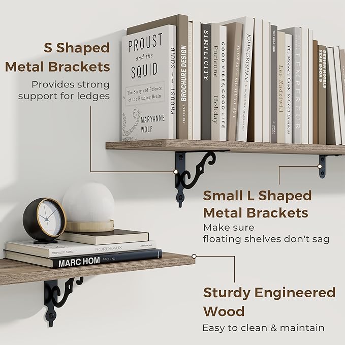 RICHFOCUS Floating Shelves for Wall Decor, 55.1W x 8D Shelves Set of 2, 8 Inch Deep Rustic Wood Shelves Wall Mounted with Brackets, Long Floating Shelves for Living Room Bedroom Kitchen, Grey