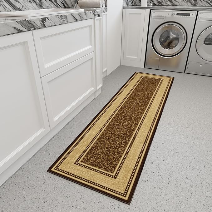 Ottomanson Hallway Runner Rug 1'10" x 7' Non Slip Border Area Rugs Easy to Clean Laundry Rug Runner Durable & Pet Friendly Floor Carpet Runners for Hallways Entryway Living Room Kitchen, Brown