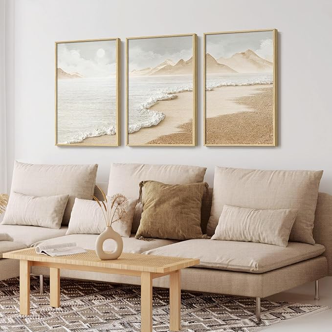 Framed Boho Beach Coastal Wall Art for Living Room, Large Neutral Abstract Coastal Canvas Artwork for Walls, 3 Piece Minimalist Ocean Picture Print for Living Room Bedroom Kitchen Wall Decor, 16x24 In