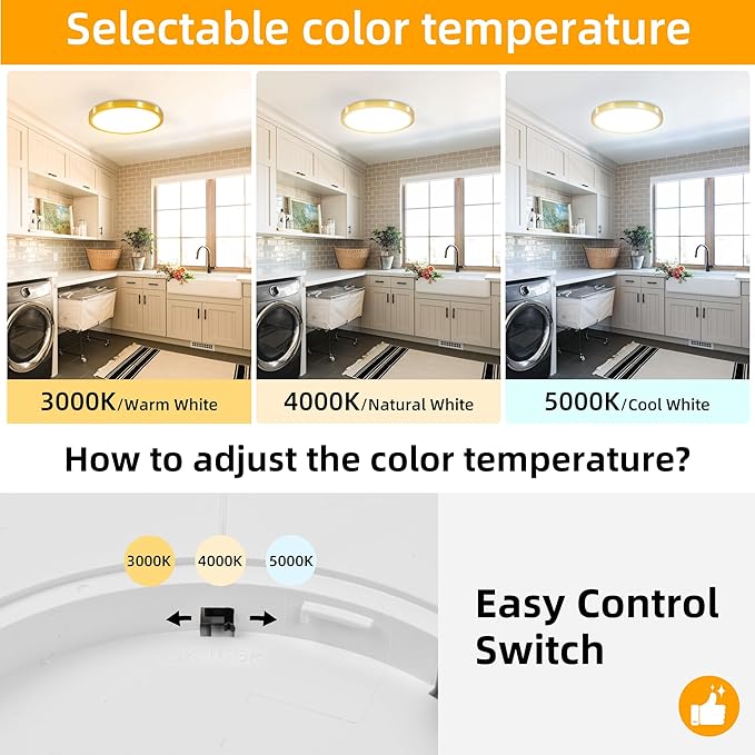 Hlite 6pack 12 inch Flush Mount LED Ceiling Light Fixture,24W 2400LM Super Slim Light Fixtures Ceiling Mount 3000K/4000K/5000K 3CCT Selectable,Ceiling Light Fixtures for Kitchen,Bedroom (Gold)