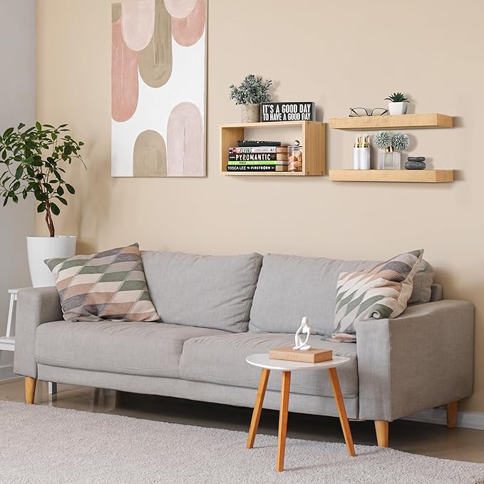 Sorbus Floating Shelves for Wall Set of 3 - Bathroom Shelves for Wall Storage, Over Toilet, Bedroom, Farmhouse, Decor - 2 Floating Shelves with Invisible Brackets & 1 Rectangular Box