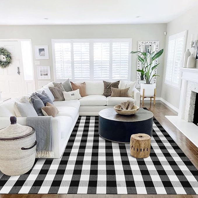 KOZYFLY Buffalo Plaid Area Rug 8 x 10 Ft Black and White Checkered Rug Washable Outdoor Patio Rugs Cotton Rugs for Living Room Carpet for Dining Room Bedroom Farmhouse Rug