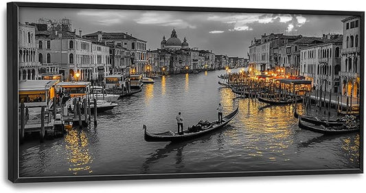 Olivine Italy Large Wall Art, Venice City Pictures Wall Decor, Black and White Painting, Cityscape Canvas Prints, Framed Artwork for Dining Room Living Room Bedroom Bathroom Office Home Decor 60"x30"