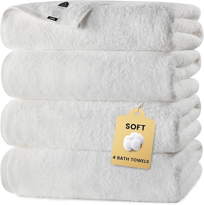 SEMAXE 4-Pack Luxury Bath Towels for Bathroom, 100% Cotton, Soft, Absorbent, and Quick-Drying, 55"x27", White, Perfect for Hotels, Gyms, and Spas