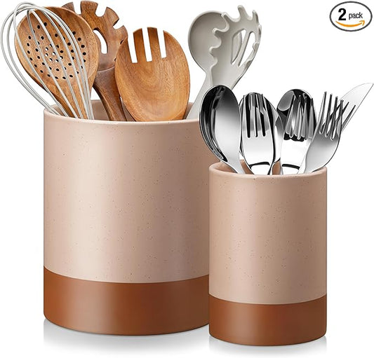 MALACASA Utensil Holder, 7.3"+5.5" Ceramic Kitchen Utensil Holder for Countertop, Large Cooking Utensil Crocks for Kitchen Counter, Farmhouse Utensils Organizer, Set of 2, Khaki Pink, Series TARA