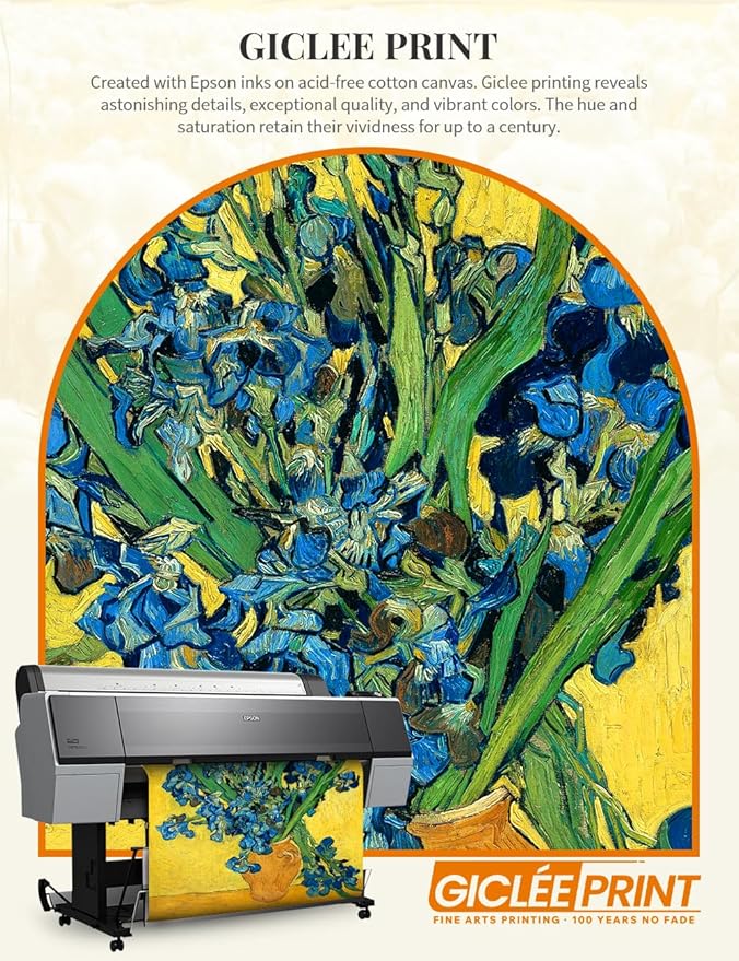 DECORARTS - Irises in a Vase by Vincent Van Gogh, Large Giclee Canvas Print with Solid Wood Frame, Oversized Wall Art Decor