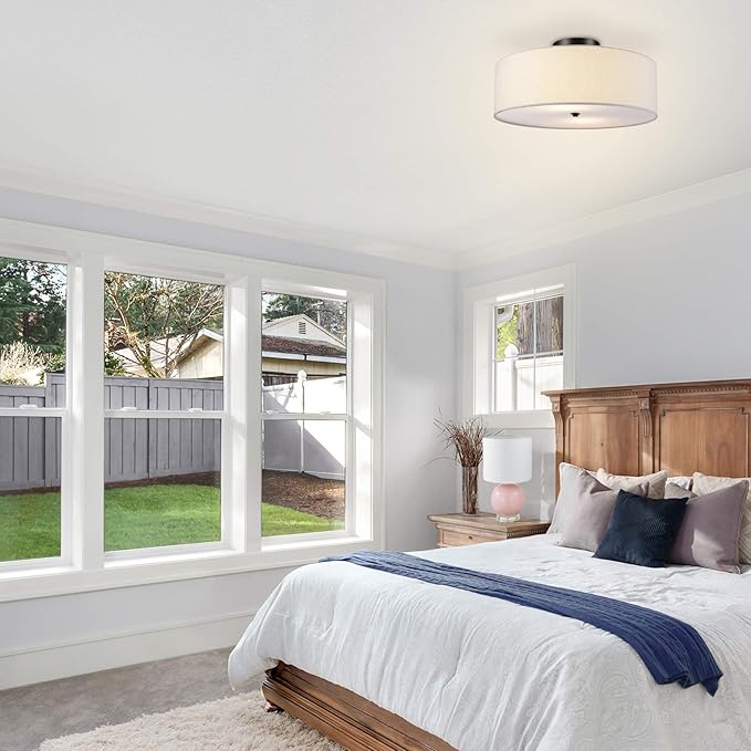 GLOBE Electric 60315 2-Light Flush Mount Ceiling Light, Dark Bronze Finish, White Linen Shade, Low Profile Drum Design, E26 Base, Dimmable