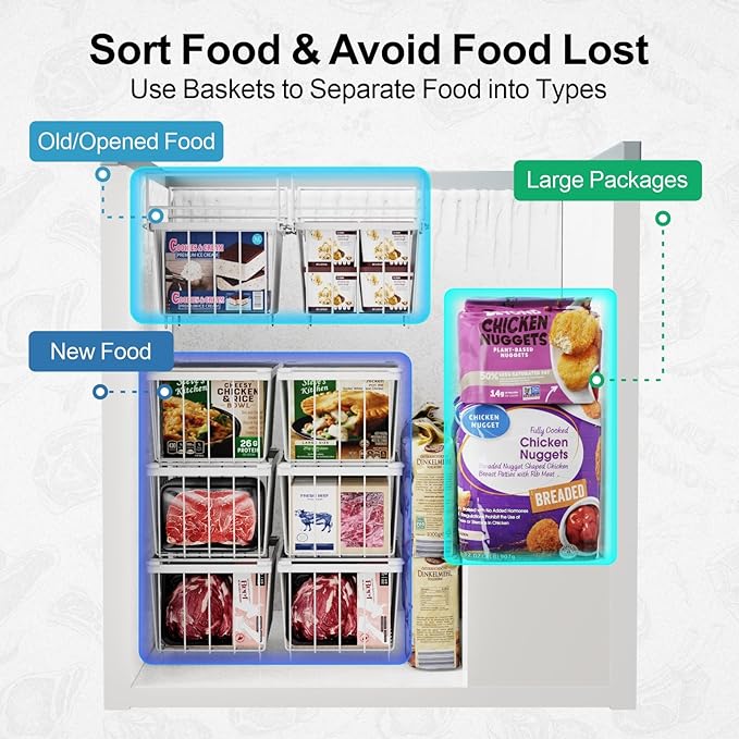 iSPECLE Freezer Organizer Bins - Expandable from 15.8" to 18.1", Fit 7 Cu.Ft Deep Freezer, Hanging Baskets for Chest Freezer, Easy Slide Access, 2 Pack, White