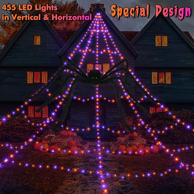Halloween Spider Web Lights Decoration 455 LED Spider Webs Halloween Decorations Outdoor with 59" Large Spider & 3.53 oz Stretch Cobweb 16.4 Ft Light Up Giant Spider Web (Purple & Orange)
