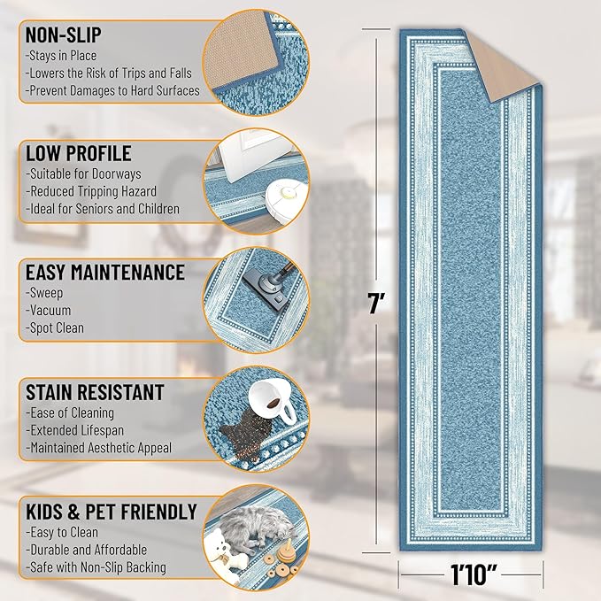 Ottomanson Hallway Runner Rug 1'10" x 7' Non Slip Border Area Rugs Easy to Clean Laundry Rug Runner Durable & Pet Friendly Floor Carpet Runners for Hallways Entryway Living Room Kitchen, Turquoise