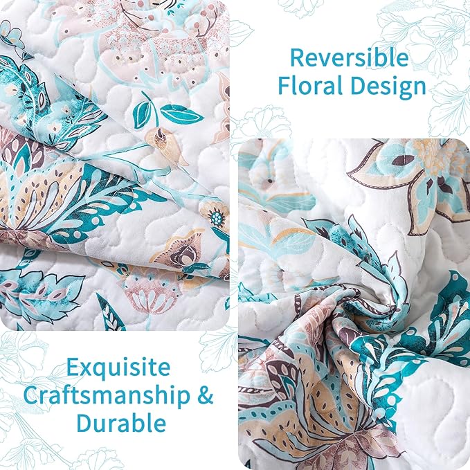 VAPUTAR Garden King Size Bedspread for Adults - Floral Quilt King Size Bedding Set (98 x 106 inch) with 2 Pillow Shams - Lightweight Reversible Coverlet Quilt for Bedroom, 3 Pieces