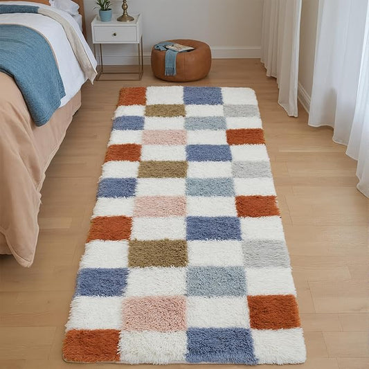 Checkered Area Rug 2x6 for Bedroom, Modern Rainbow Shag Rug Super Soft Runner Carpet Washable Fluffy Rugs for Living Room Bedside Sofa Home Dorm Decor Aesthetic