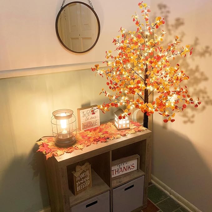 Agusbagli 6FT 240LED Lighted Eucalyptus Tree - Artificial Fall Tree with 575 Leaves, Timer, 8 Mode Lights - Home Indoor Outdoor Thanksgiving Decor