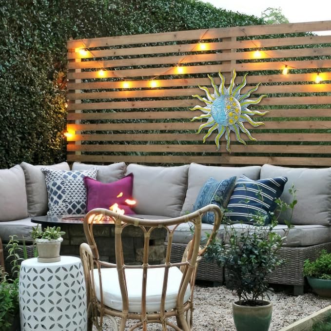 Large Metal Sun Wall Decor Outdoor, 27 Inch Sun and Moon Decor Metal Wall Art, 3D Sun Wall Decor for Patio Garden Yard Fence Bedroom Living Room Decoration