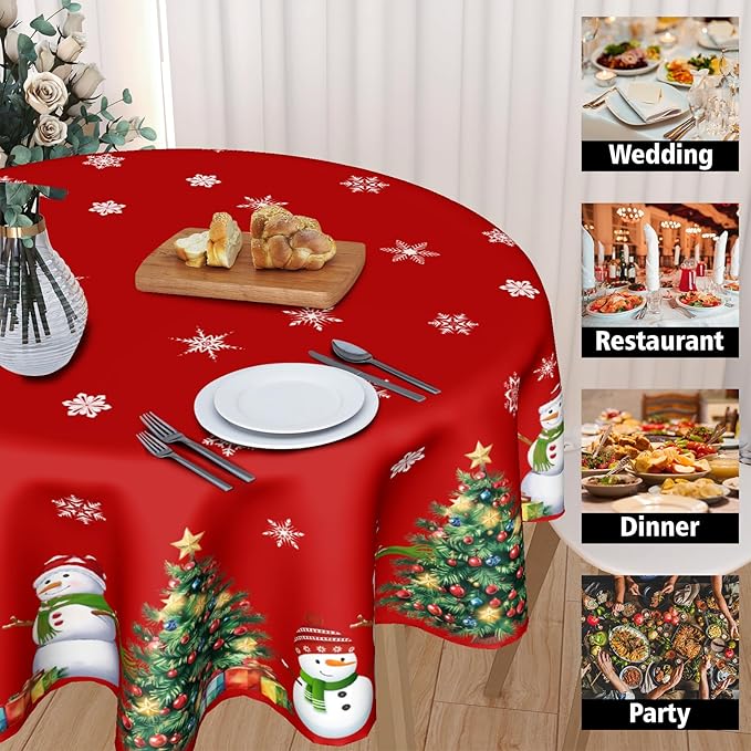 Merry Christmas Tablecloth Round 60 Inch Winter Snowman Table Cloth Red Snowflake Print Christmas Table Cover Winter Holiday Tablecloths Seasonal for Home Kitchen Dining Party Indoor Outdoor Decor