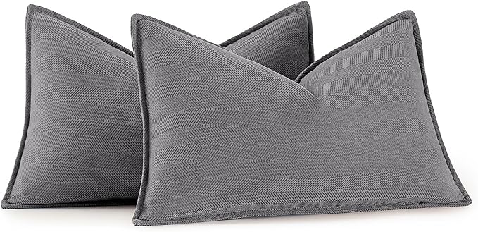 MIULEE Pack of 2 Grey Decorative Lumbar Pillow Covers 12x20 Inch Soft Chenille Luxurious Couch Throw Pillows Farmhouse Cushion Covers with Elegant Design for Sofa Bedroom Living Room Home Decor