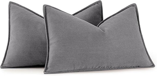 MIULEE Pack of 2 Grey Decorative Lumbar Pillow Covers 12x20 Inch Soft Chenille Luxurious Couch Throw Pillows Farmhouse Cushion Covers with Elegant Design for Sofa Bedroom Living Room Home Decor