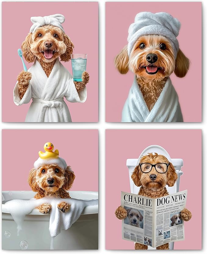 FITIE Funny Cockapoo Bathroom Wall Art Posters Set of 4, Dog Bathroom Decor, Pink Cute Bathrobe Toilet Bathing Cockapoo Dog Canvas Prints Artwork Wall Decor for Bath Wash Room, 8x10 Unframed