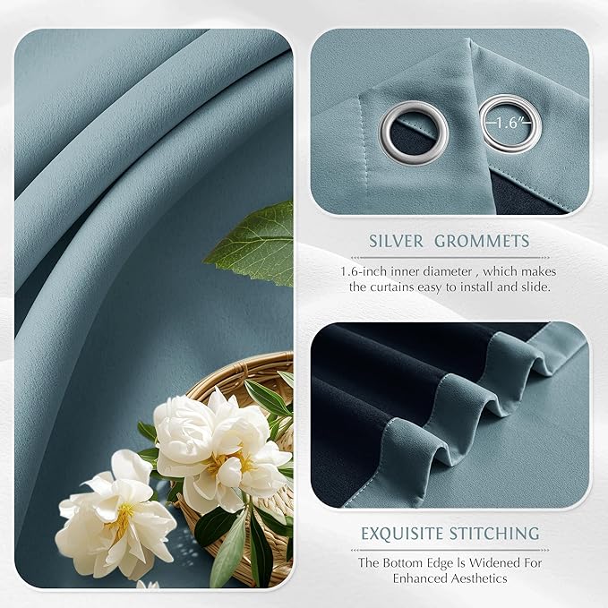 Beauoop Dusty Blue 100% Blackout Curtains 84 Inch Long 2 Panels for Bedroom Living Room Solid Room Darkening Thermal Insulated Soundproof Energy Saving Grommet Top Window Treatment Drapes,52x84 2 Set