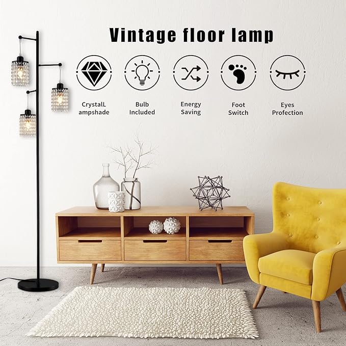 beaysyty Art Decor Crystal Black Floor Lamp 3-Light Contemporary Crystal Lampshade for Living Room,Bedroom,Office