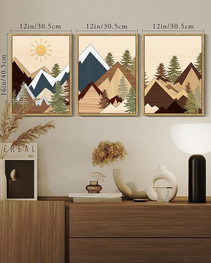 KUVIOKE Morden Mountains Pine Tree Forest Framed Wall Art Sunrise Boho Nature Landscape Artwork Bohemain Farmhouse Bedroom Living Room Decor 12x16in (Natural Framed)