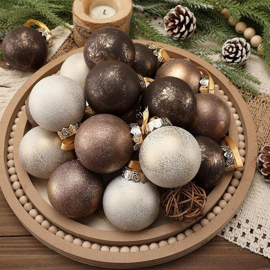 24 Pcs Neutral Textured Christmas Ball Ornaments 2.36'' Vintage Christmas Tree Decor Modern Rustic Brown Ornaments with Loop Shatterproof Hanging Ball for Xmas Farmhouse Decor (Dark Brown)