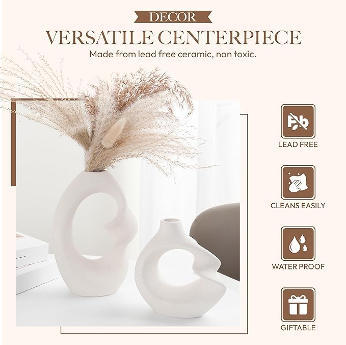 Set of 2 Romantic Hollow Ceramic Vases for Home Decor – Modern Minimalist Romantic Flower Vase for Pampas Grass Perfect for Entryway, Coffee Table, Living Room, Dining Table, Shelf Decor