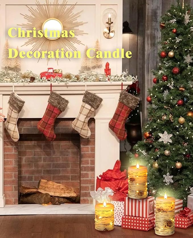 Flameless Candle LED Candles Hand Painted Birch Bark Effect Recessed Light String Candle Set of 3(H4,5,6") Ivory Real Wax Pillar Battery Operated Candles with Dancing LED Flame 10-Key Remote Control