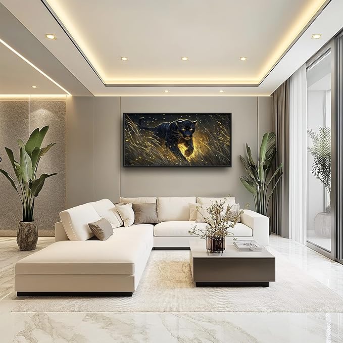 Flintis Large Black Leopard Framed Wall Art Leopard Pictures Wall Decor Abstract Animal Portrait Canvas Painting Print Artworks Decor Framed for Living Room Bathroom Master Bedroom Office 60L X 30W