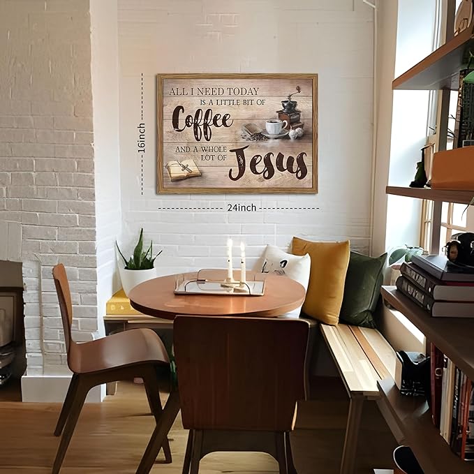 Wood Framed Christian Kitchen Wall Art, All I Need Today Coffee & Jesus Canvas Wall Decor Paintings, Coffee Motivational Posters Prints Pictures for Kitchen Bedroom Dining Room 16x24 Inch