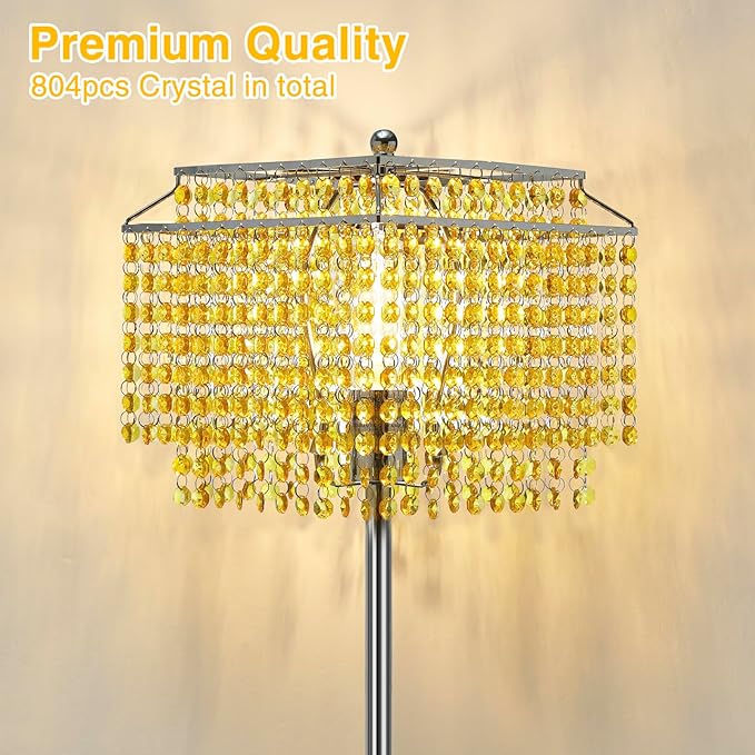 Luvkczc Crystal Floor Lamp Yellow, 64" Tall Elegant Standing Lamp with On-Off Foot Switch, Double-Layer Lampshade, Standing Lamps for Living Room, Bedroom, Office, 8W Bulb Included