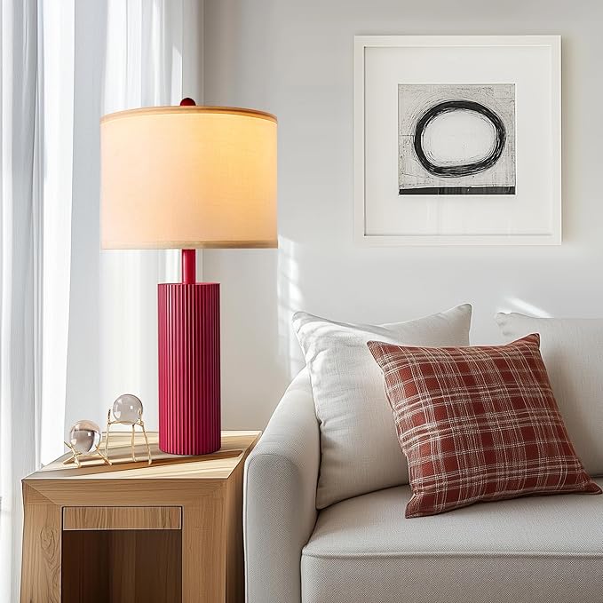 24.5" Red Touch Lamps Set of 2, Modern Living Room Table Lamps with USB C+A Ports, 2 Bulbs Included, Table Light Fixture for Nightstand, Creative Stripe Bedside Lighting