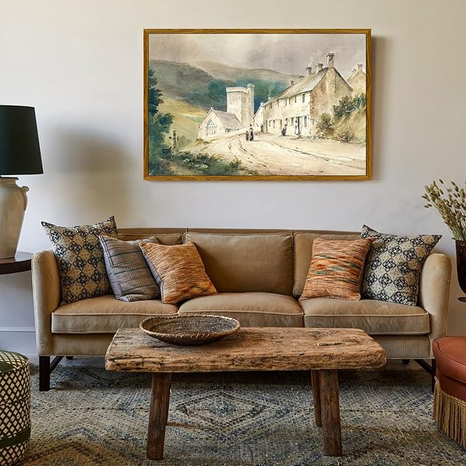 crmotu Large Framed Wall Art, Rural Street Landscape Art Prints, Vintage Architecture Scenery Canvas Painting, Retro Farmhouse Cottage Pictures Wall Decor Living Room Bedroom Office Artwork 24x36in