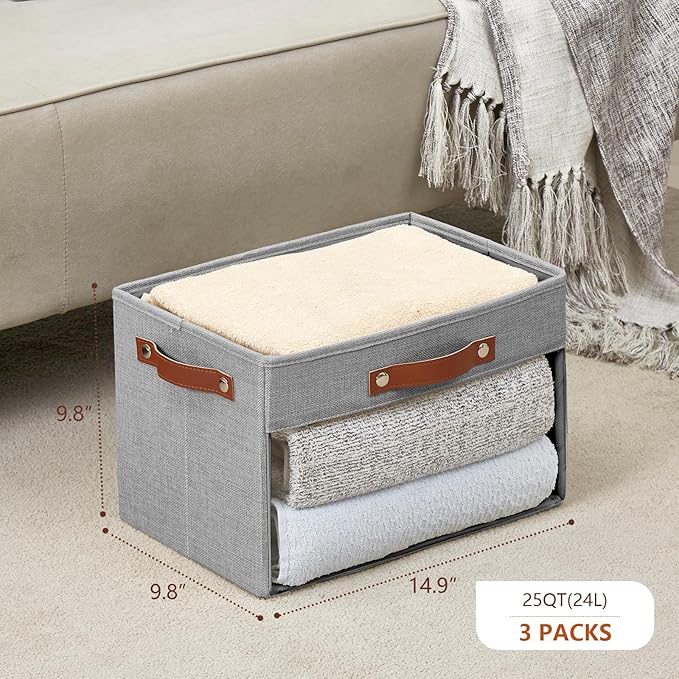 Large Storage Baskets with Clear Window, See Through Closet Organizer with PU Handles, Linen Foldable Storage Bins for Organizing Clothes, Toys, Books (Gray)