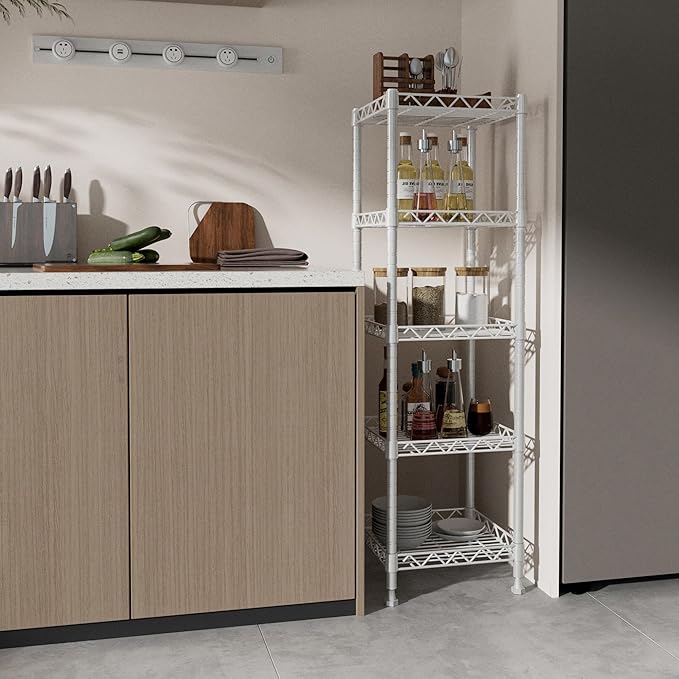 GIOTORENT 5 Tier Standing Shelving Metal Units, Adjustable Height Wire Shelf Display Rack for Laundry Bathroom Kitchen 11.8 W x 11.8 D x 50 H (5-Tier, White)