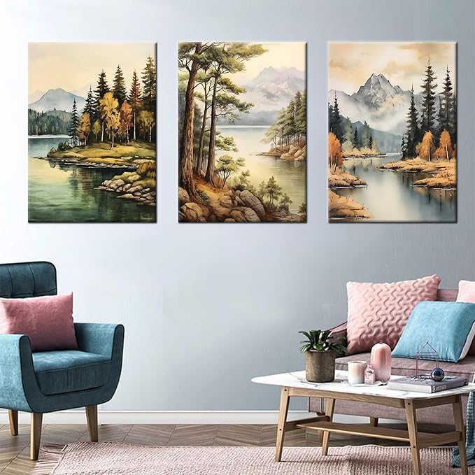 3 Pieces Forest Canvas Wall Art Home Decor Posters Print Mountain Trees Lake Beautiful Autumn Landscape HD Picture Painting Artwork for Living Room Hotel Workplace Stretched and Framed [60''Wx28''H]
