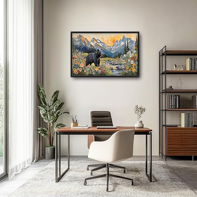 Extra Large Framed Abstract Black Bear Mountain Wall Art,Colorful Wildflower Forest Landscape Wall Decor Pictures for Living Room,Canvas Print Painting Modern Artwork Bedroom Office Bathroom 36L x24W