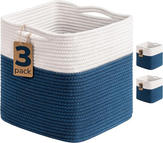 INDRESSME 11x11 Cube Storage Bins, 3-Pack Woven Baskets for Shelves Kids Toy Bins Bathroom and Playroom Basket Organizer, Nursery Laundry Basket, White & Blue