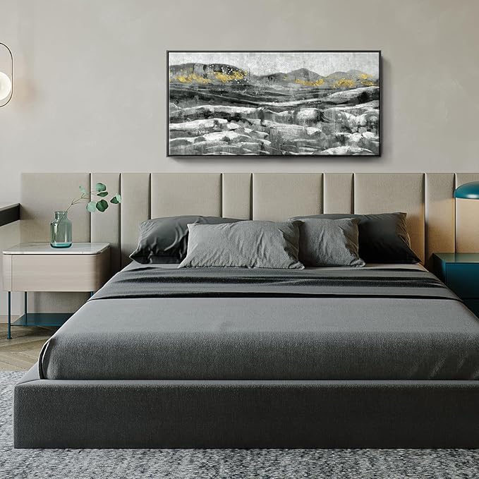 Black Framed Wall Art for Living Room Abstract Mountain & Sea Nature Landscape White Ocean Waves Picture Modern Minimalist Textured Seascape Painting Coastal Canvas Print Neutral Artwork 24x48inch