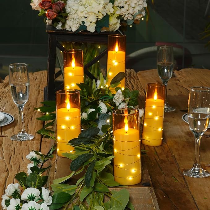 Raycare Flameless LED Candles with Embedded Star String, 5 Pcs Battery Operated Acrylic Pillar Candles with Timer and Remote, Flickering Candle for Romantic Ambiance and Home Decoration(Glod)