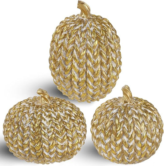 winemana Fall Decorations for Home Set of 3, Gold & White Resin Pumpkin Decor with Woven Design - Thanksgiving Table Centerpiece, Mantel, Indoor & Outdoor Farmhouse Autumn Décor