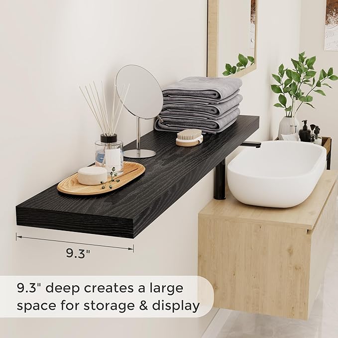 Fun Memories Black Floating Shelves 48 Inch Long, Wood Wall Shelves 48x9.3x1.5, 9.3 Inch Deep Floating Shelf for Wall, Large Black Shelves for Home Decor & Storage