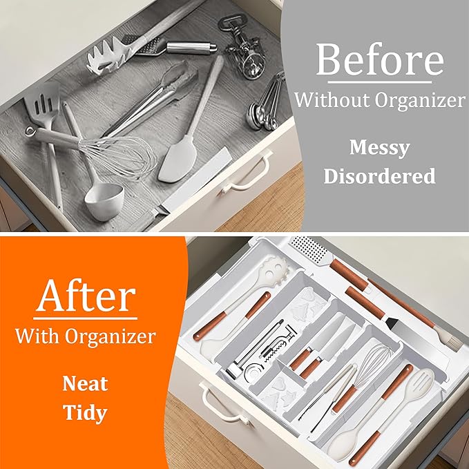 Large Utensil Drawer Organizer Expandable Silverware Organizer for Kitchen Drawer Adjustable Cooking Utensil Holder Cutlery Flatware Tray Spatula Tools Gadgets Storage Dividers Plastic White