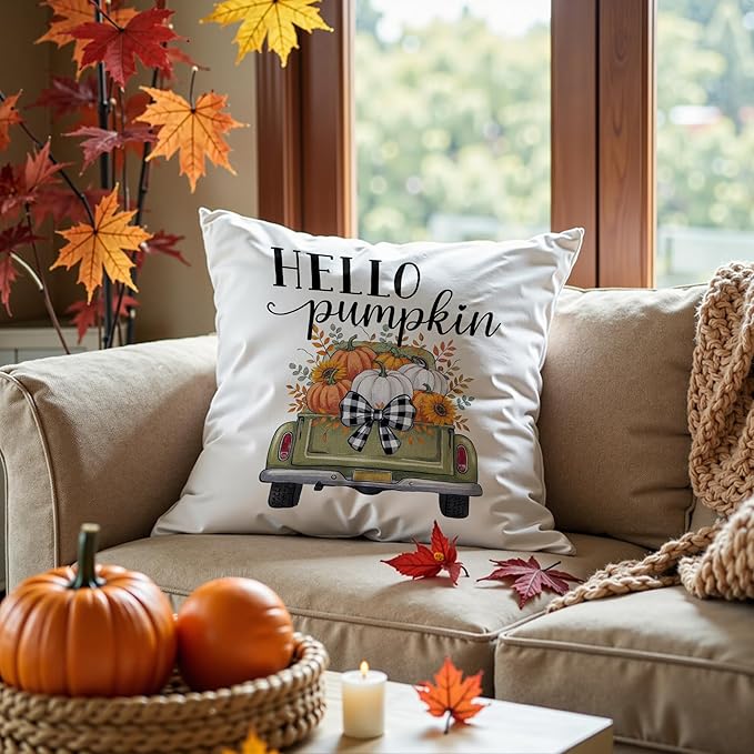 Fall Hello Pumpkin Pillow Covers 18x18, Farmhouse Country Cottage Autumn Decor, Fall Autumn Pumpkin Pickup Truck Decorative Throw Pillow Covers for Home Bedroom Living Room