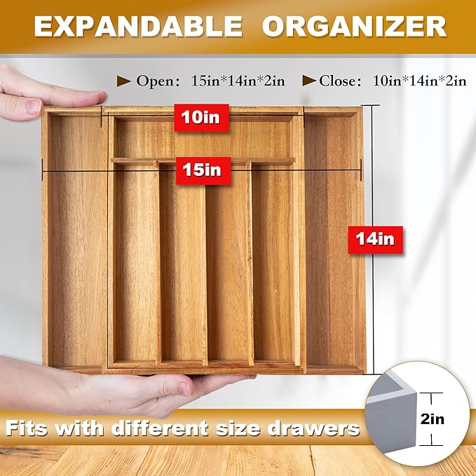 Expandable Utensil Organizer Silverware Organizer for Kitchen Adjustable Utensils Holder Acacia Large Flatware Silverware Cutlery in Drawer (7 Slot, Acacia)