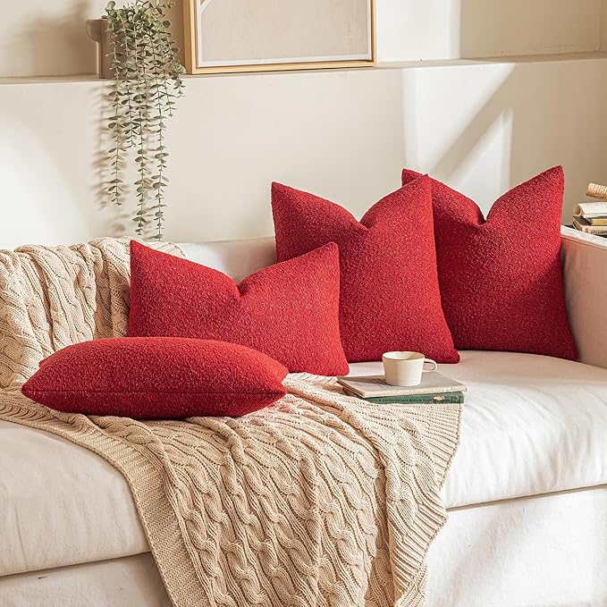 MIULEE 18x18 Inch Decorative Pillow Covers for Couch Bed Set of 2 Textured Boucle Neutral Throw Pillows Red Accent Solid Cushion Pillowcase Cozy Soft Sofa Livingroom Home Decor